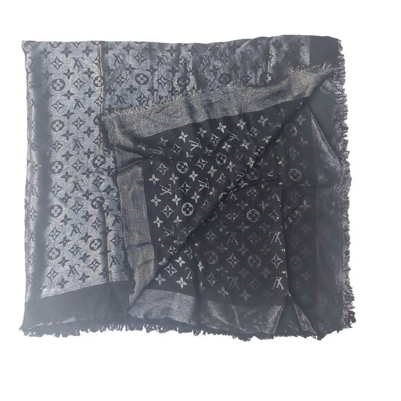 LOUIS VUITTON LV Vintage Black & Silver Monogram Scarf Wrap Scarves - Picture 1 of 5